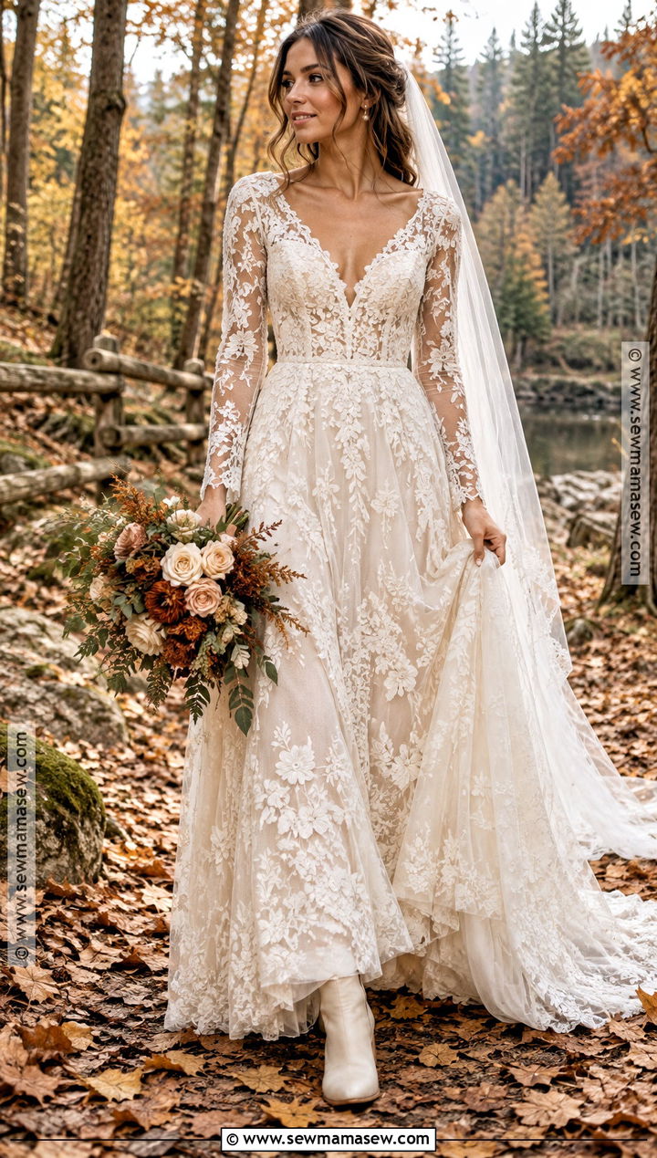 Long Sleeve Lace Boho Wedding Dress - 20 boho fall wedding dress ideas