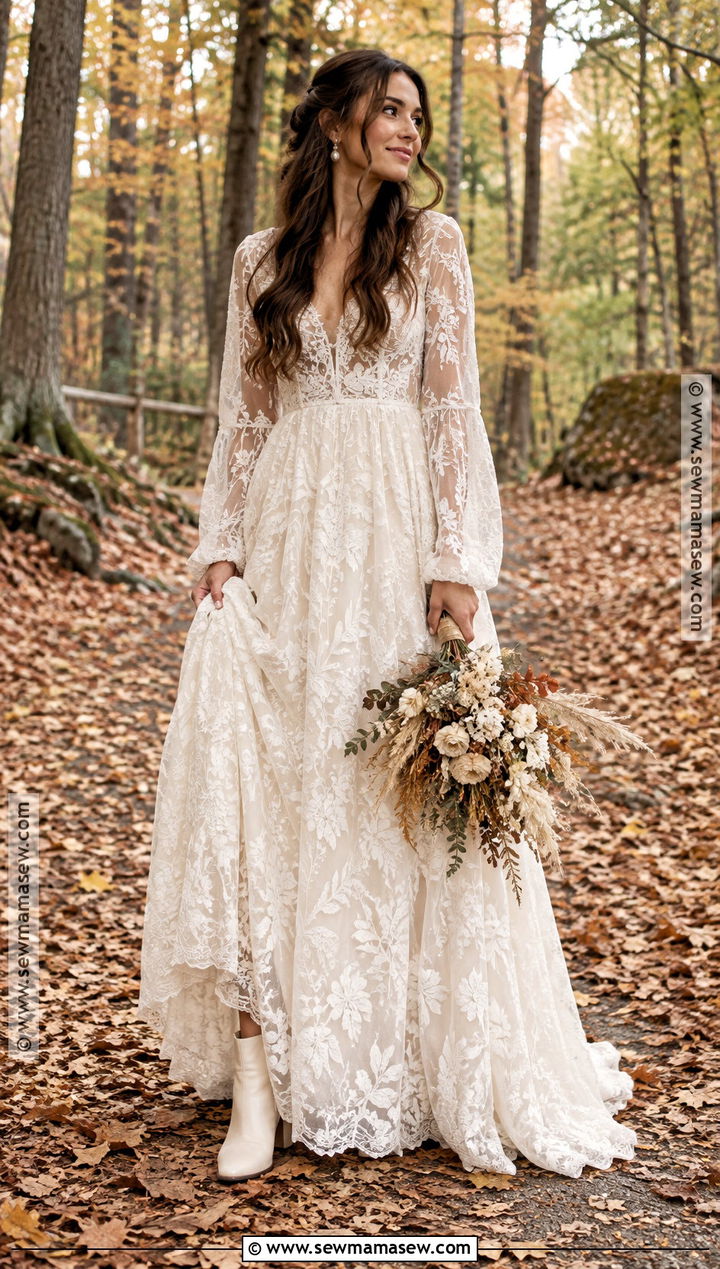 Long Sleeve Lace Boho Wedding Dress With Boots - 15 boho wedding dress fall ideas