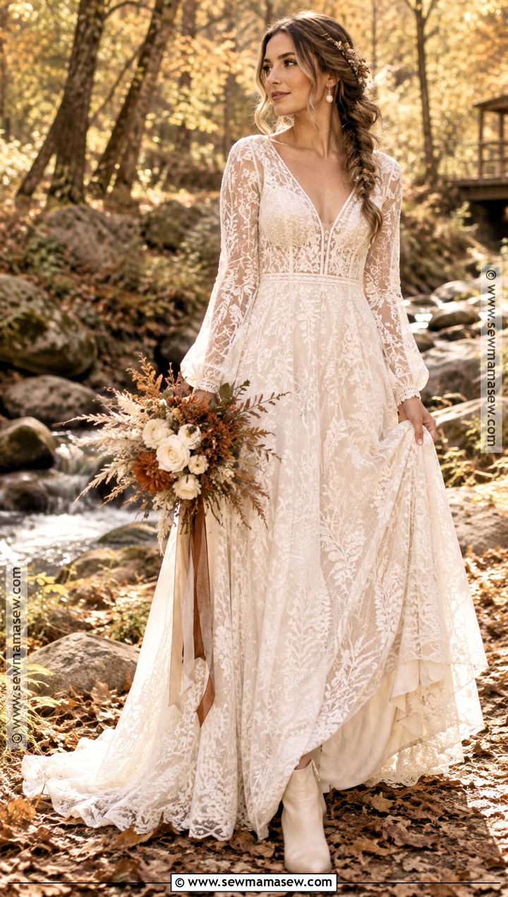 Long Sleeve Lace Boho Wedding Dress - 15 autumn boho wedding dress ideas