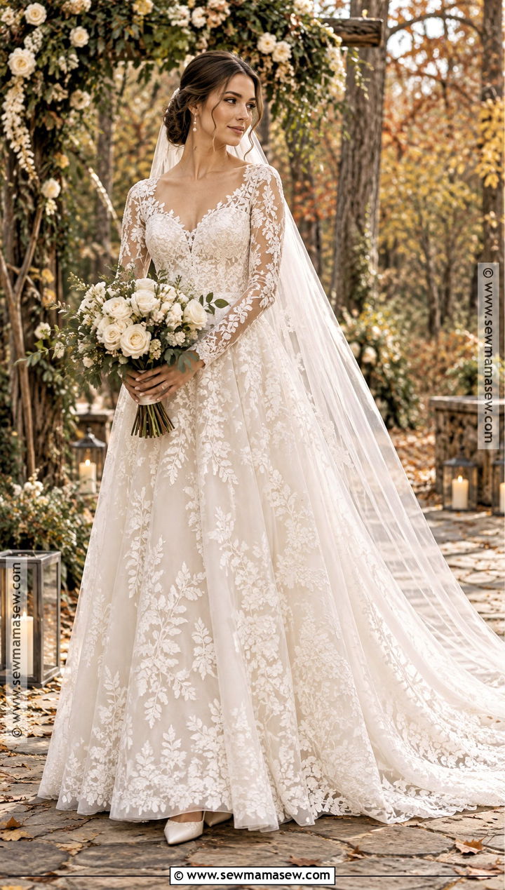 Long Sleeve Lace Bridal Dress - 15 autumn bridal dress ideas