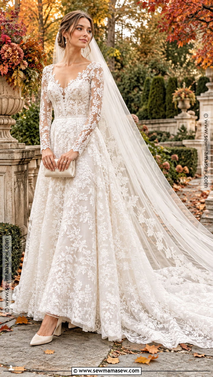 Long Sleeve Lace Bridal Gown With Cathedral Veil - 20 fall bridal outfits