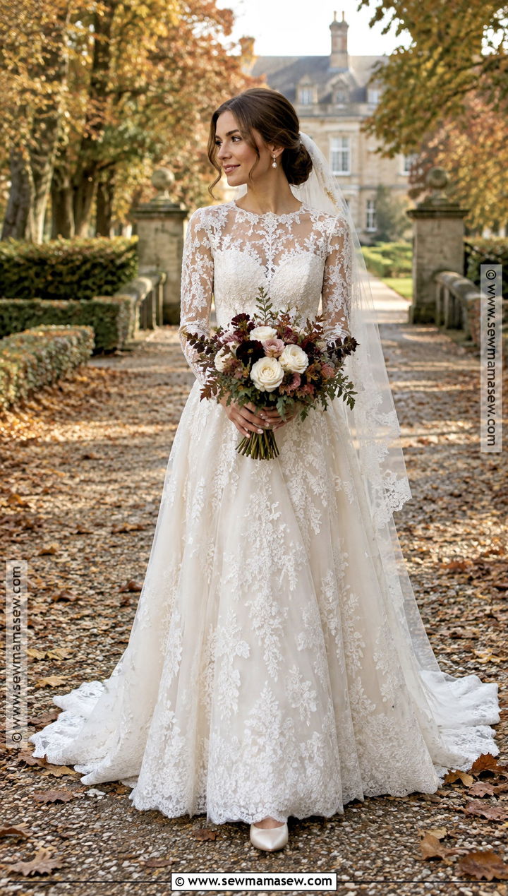 Long Sleeve Lace Fall Bride Gown - 15 fall bride outfit ideas