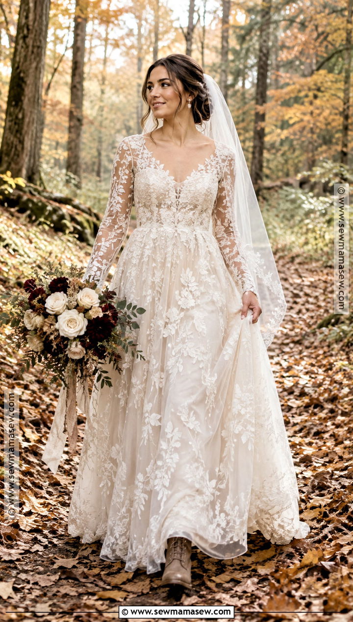 Long Sleeve Lace Fall Forest Wedding Dress - 15 fall forest wedding dress ideas