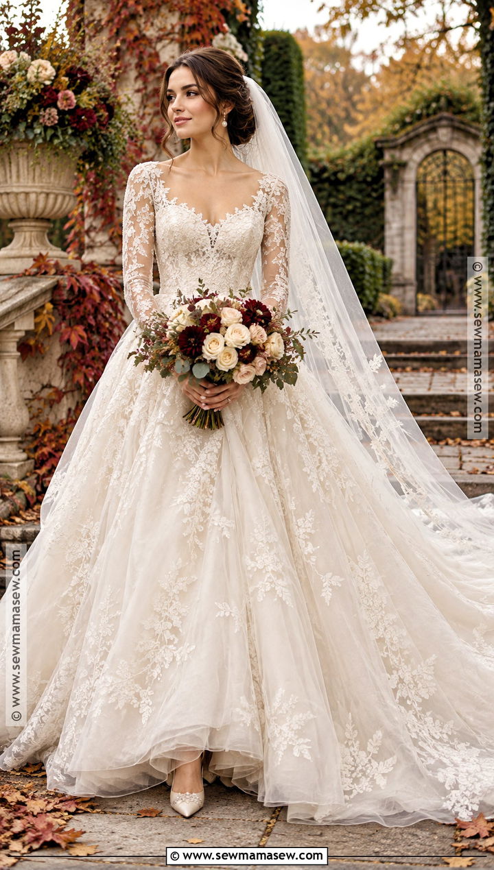 Long Sleeve Lace Fall Wedding Ballgown - 15 fall wedding dress ballgown ideas