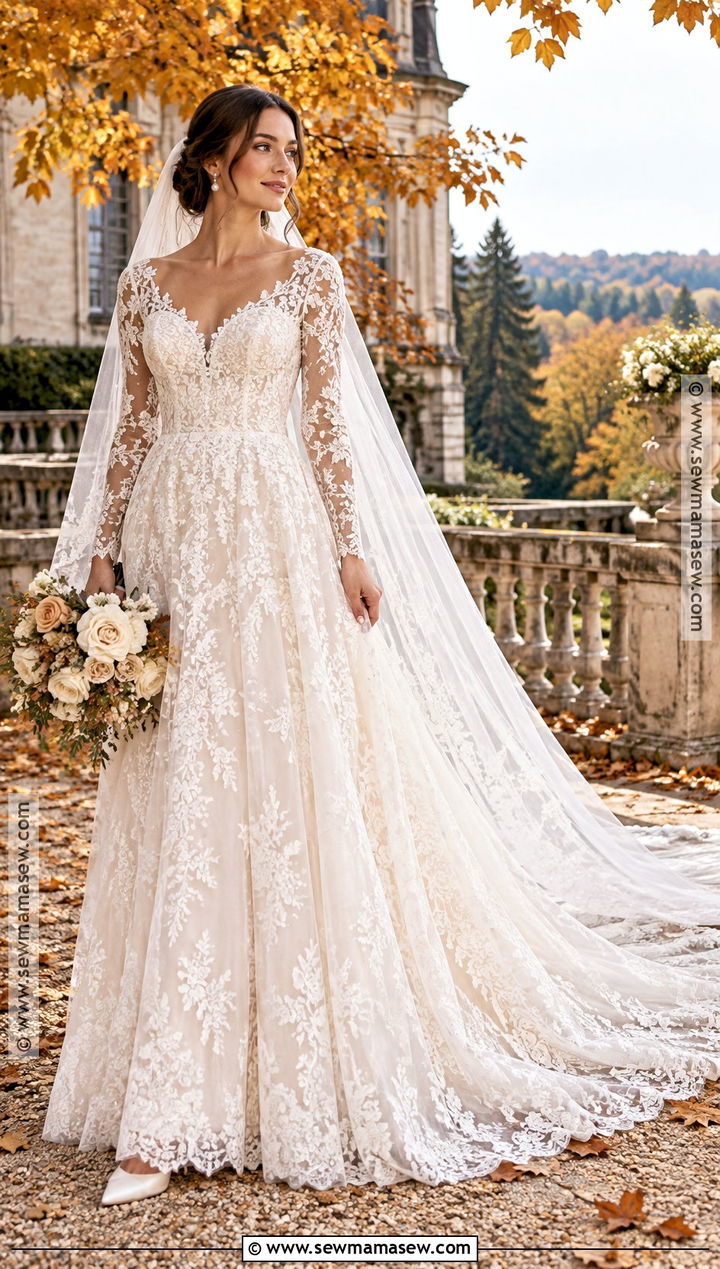 Long Sleeve Lace Fall Wedding Dress - 15 Classic Fall Wedding Dress Ideas