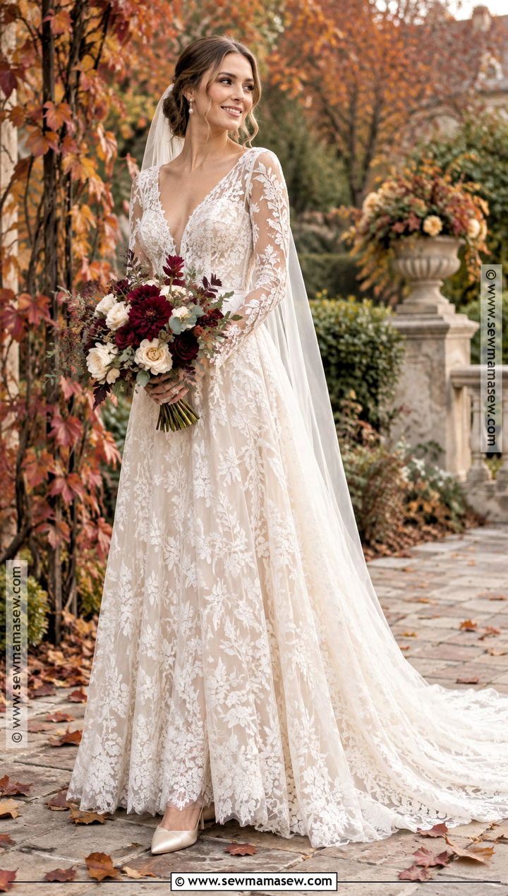Long Sleeve Lace Fall Wedding Dress - 15 Fall Theme Wedding Dress Ideas