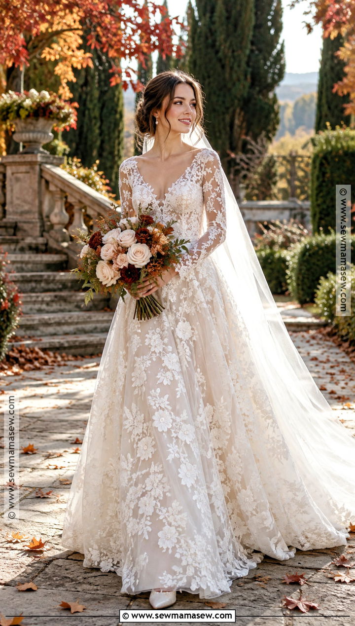 Long Sleeve Lace Fall Wedding Dress - 15 Fall Wedding Dress Bride Ideas