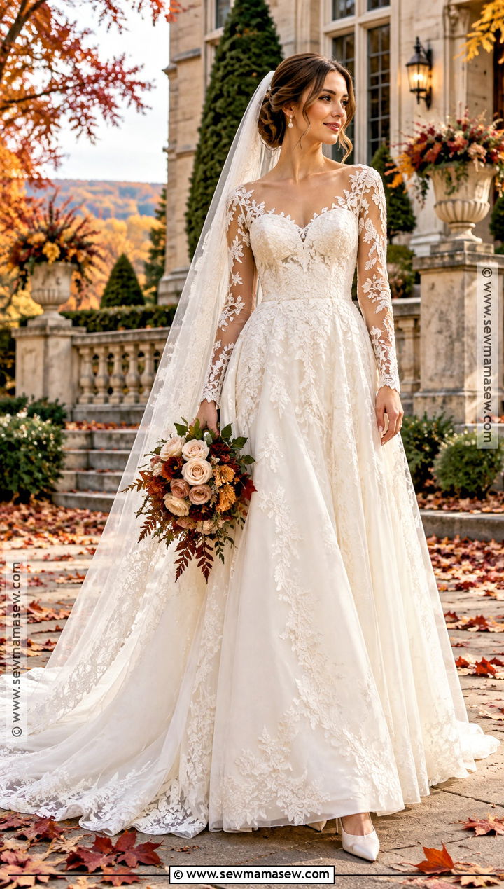Long Sleeve Lace Fall Wedding Dress - 15 fall wedding dress ideas brides