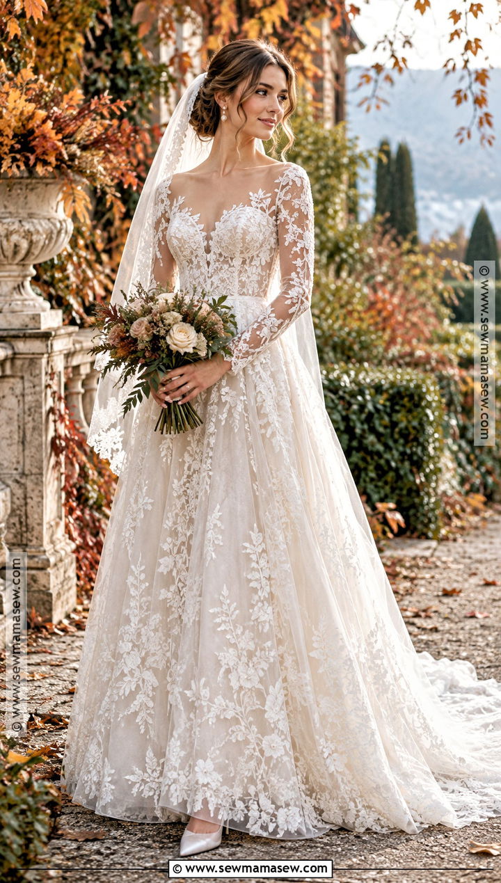 Long Sleeve Lace Fall Wedding Dress - 20 fall wedding dress ideas