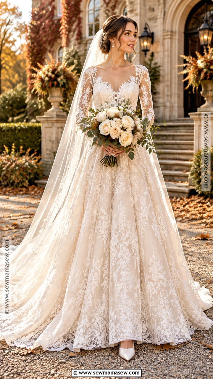 Long Sleeve Lace Fall Wedding Dress - 20 romantic fall wedding dress ideas