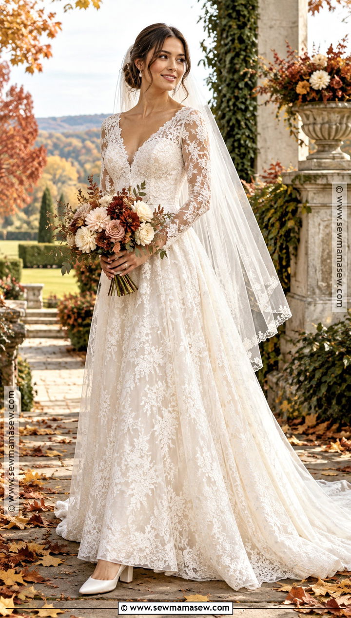 Long Sleeve Lace Fall Wedding Dress - 20 wedding dress for fall ideas