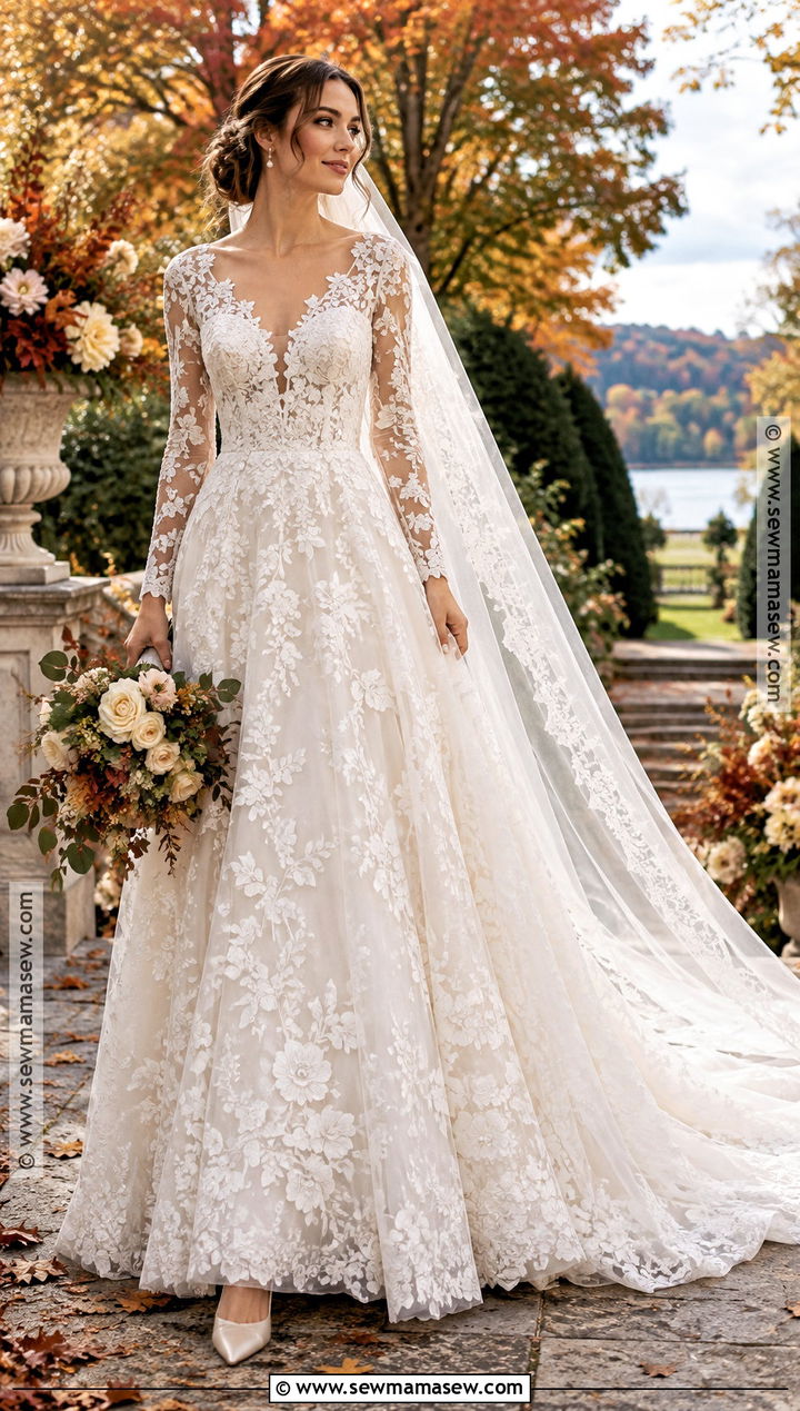 Long Sleeve Lace October Wedding Gown - 15 October Wedding Gowns