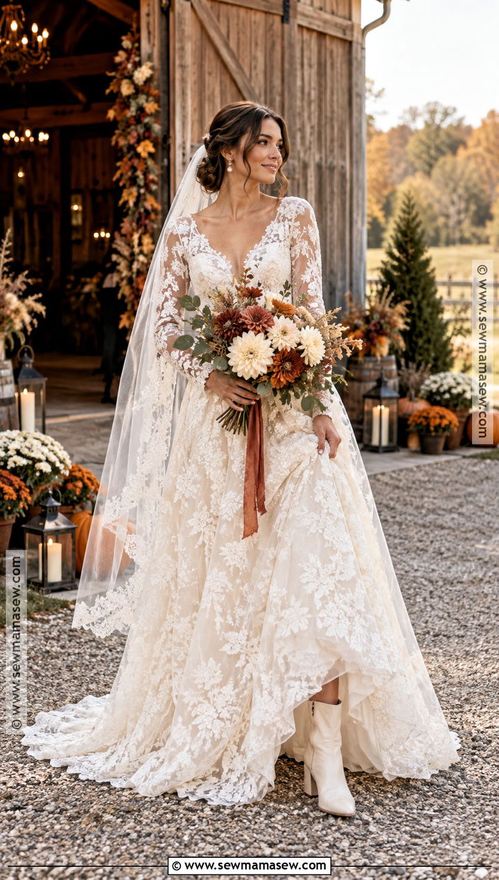 Long Sleeve Lace Rustic Fall Wedding Dress - 20 rustic fall wedding dress ideas