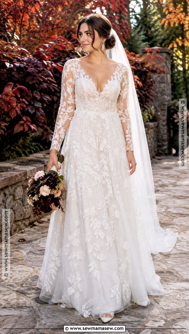 Long Sleeve Leaf Lace Wedding Dress - 15 Autumn Leaf Wedding Dress Ideas