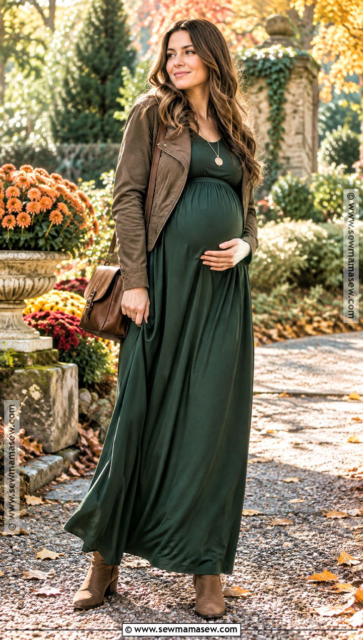 Long Sleeve Maternity Maxi Dress With Flat Boots - 15 fall dresses with boots pregnant