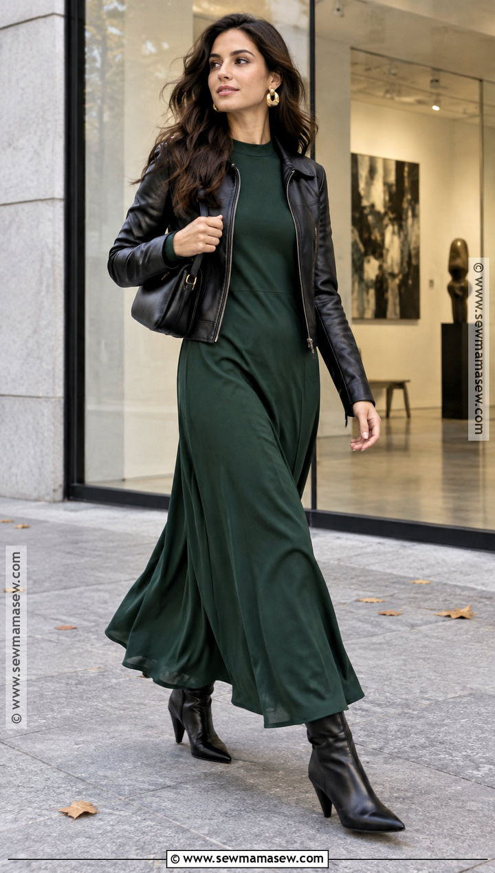 Long Sleeve Maxi Dress With Cone Heel Boots - 15 fall heels with dress
