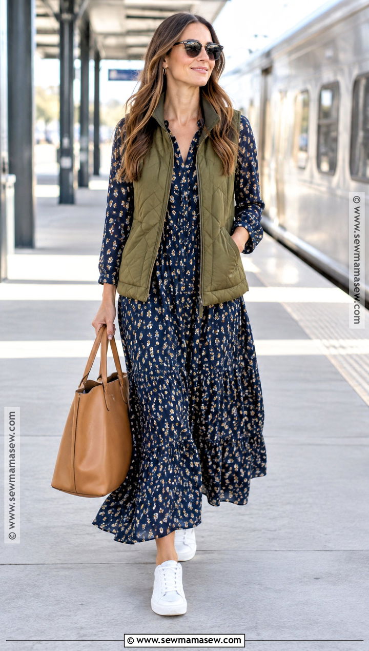 Long Sleeve Maxi Dress With Quilted Vest - 15 fall dress outfit ideas 2026