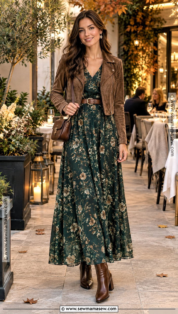 Long Sleeve Maxi Dress and Ankle Boots Autumn Dinner Outfit - 25 autumn dinner outfit ideas