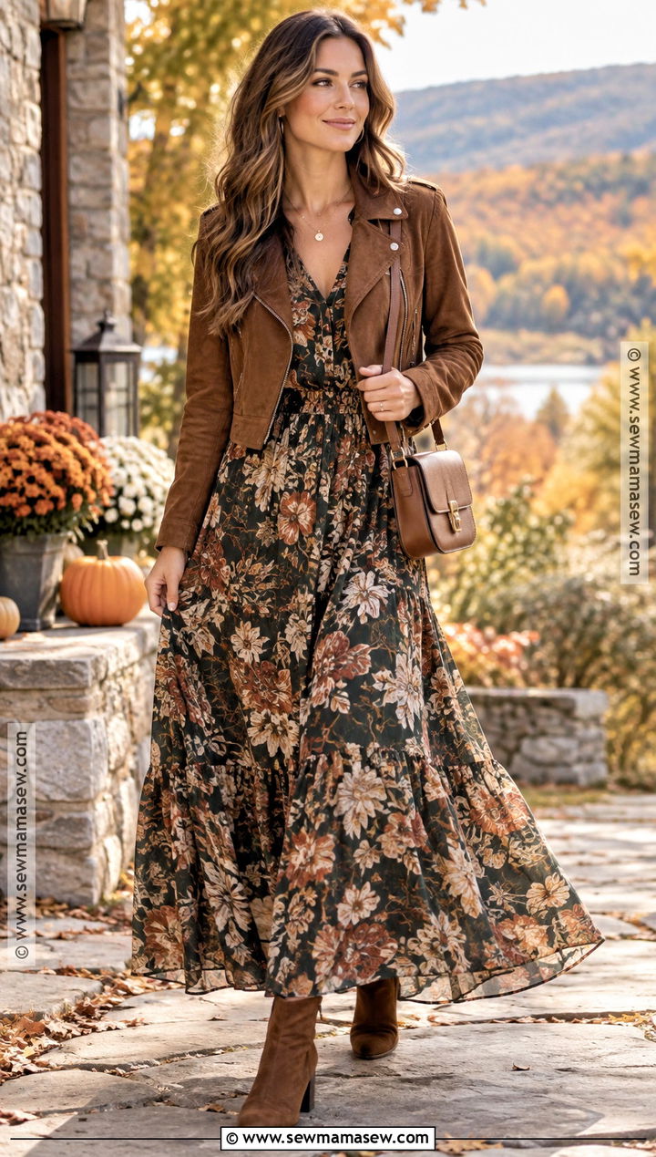 Long Sleeve Maxi Fall Dress Outfit With Suede Jacket - 20 cute fall dress outfits