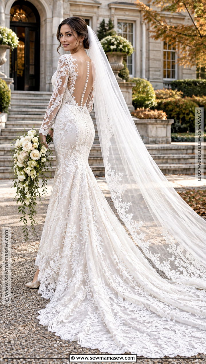 Long Sleeve Mermaid Fall Wedding Dress - 15 Fall Theme Wedding Dress Ideas