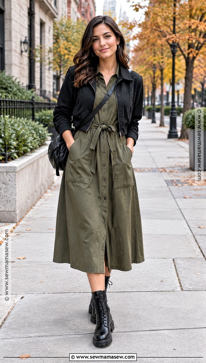 Long Sleeve Olive Utility Dress Outfit - 20 long sleeve fall dress ideas