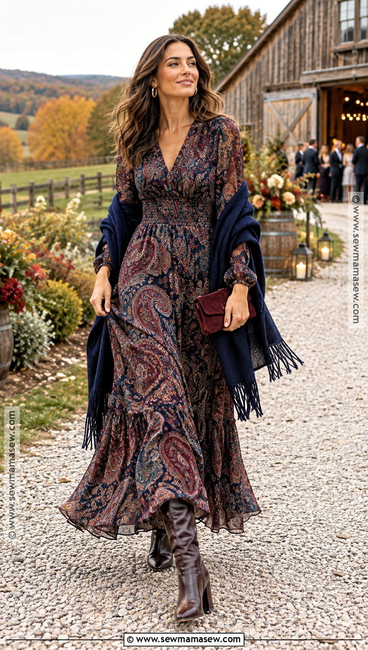 Long Sleeve Paisley Maxi Dress Wedding Guest Outfit - 25 outdoor fall wedding guest outfit ideas
