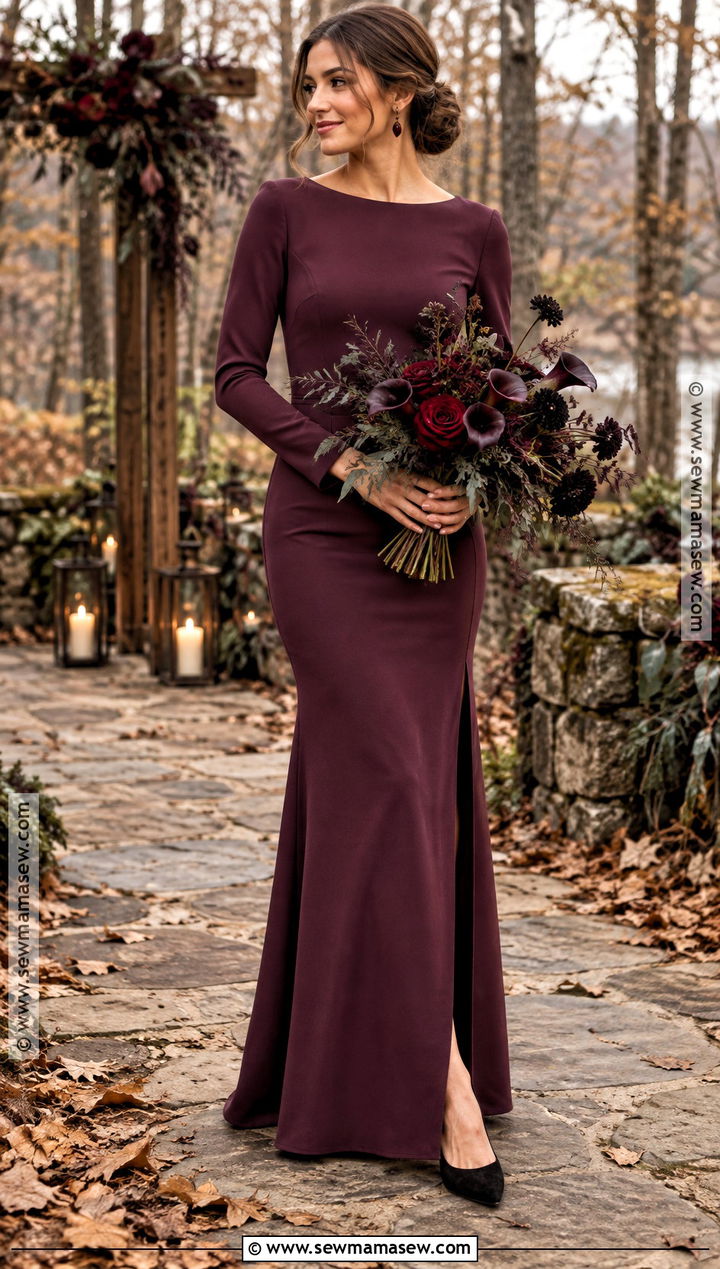 Long Sleeve Plum Bridesmaid Dress With Moody Fall Bouquet - 15 plum bridesmaid dresses fall deep purple wedding bouquets