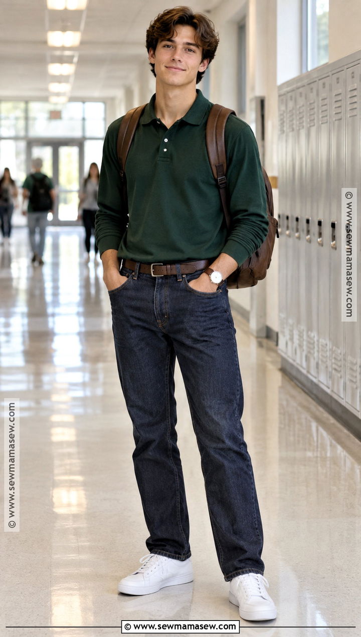 Long Sleeve Polo And Dark Jeans School Outfit - 20 first day of school outfit fall ideas