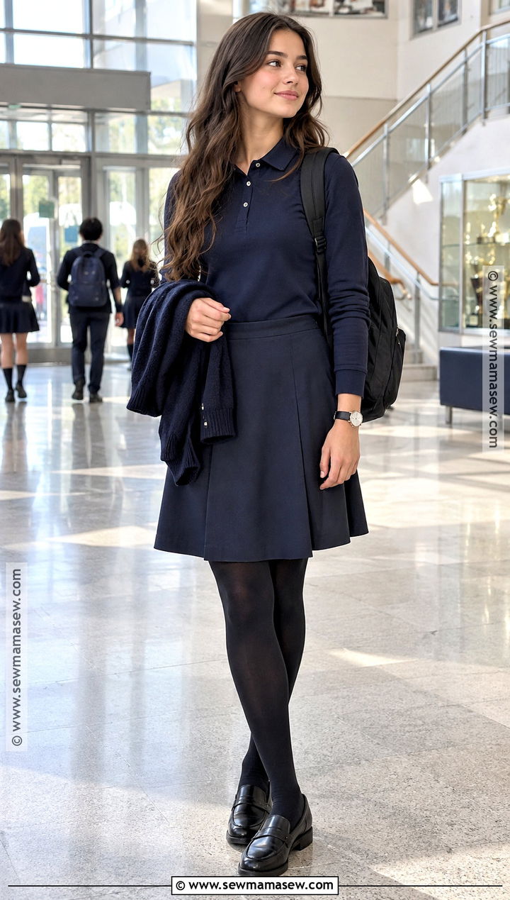 Long Sleeve Polo and A Line Skirt Uniform - 25 back to school uniform ideas