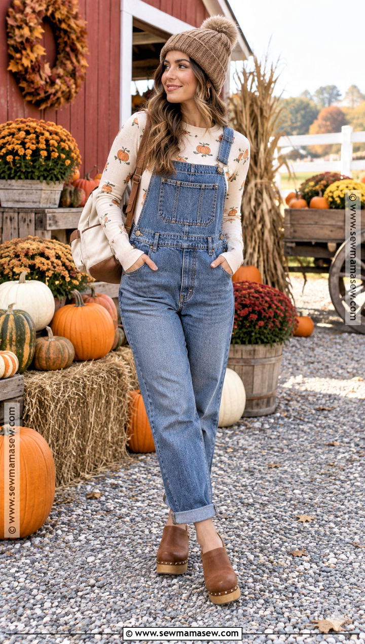 Long Sleeve Pumpkin Shirt With Denim Overalls - 20 pumpkin shirt ideas