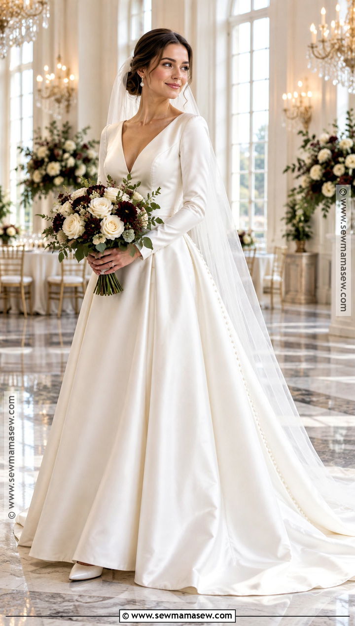Long Sleeve Satin Fall Wedding Dress - 20 wedding dress for fall ideas
