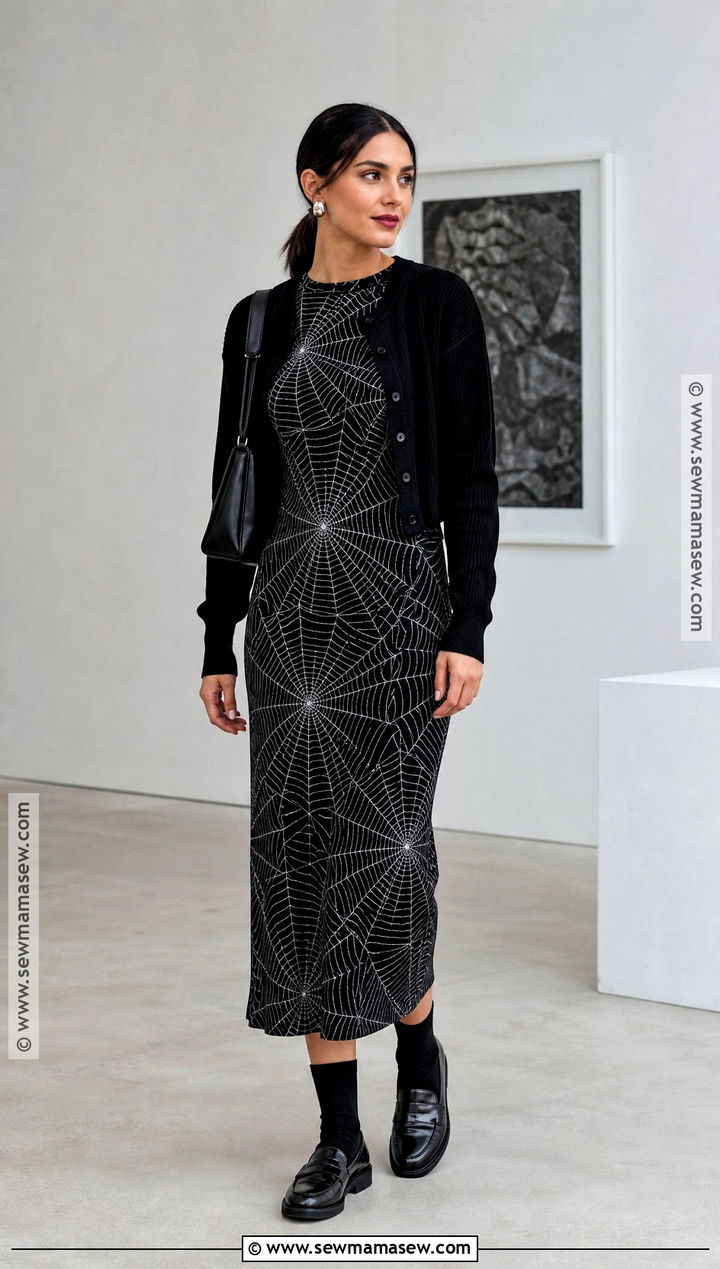 Long Sleeve Spider Web Midi Dress With Loafers - 30 spider web dress ideas