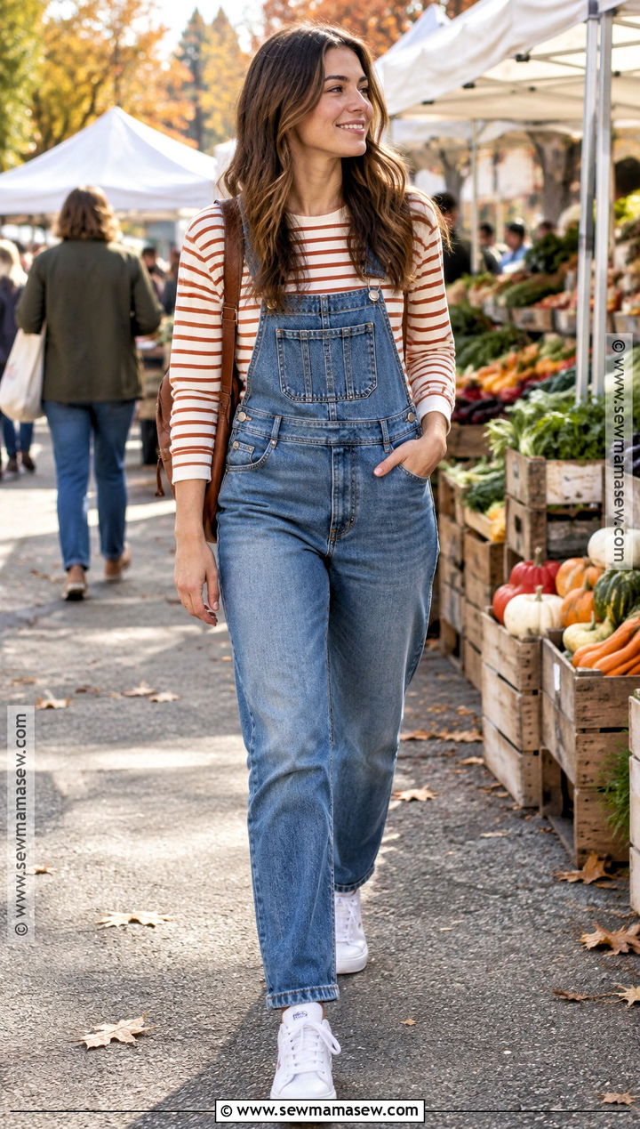 Long Sleeve T Shirt Denim Overalls And Sneakers Fall Outfit - 15 72 degree weather outfit fall ideas