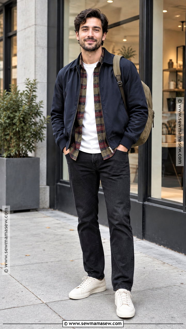 Long Sleeve T Shirt Plaid Overshirt and Bomber Jacket Fall Outfit - 15 fall layering outfits for men