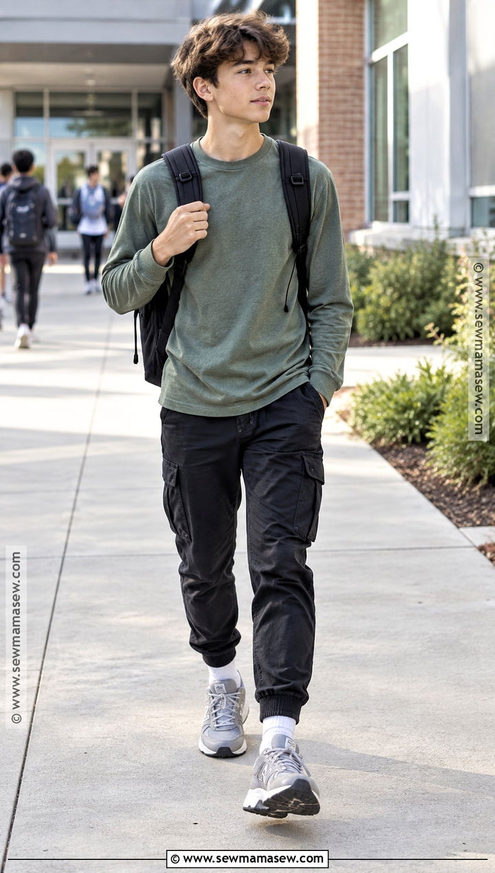Long Sleeve Tee And Cargo Joggers School Outfit - 20 back to school boy outfits