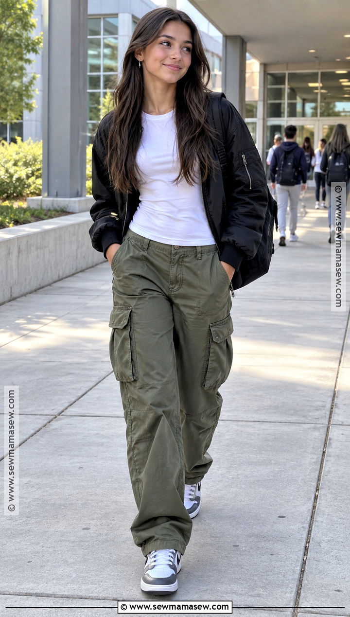Long Sleeve Tee And Cargo Pants School Outfit - 15 cute simple outfits for school fall