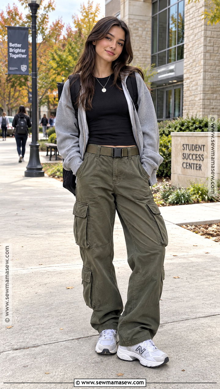 Long Sleeve Tee And Cargo Pants School Outfit - 15 cute everyday outfits for school fall