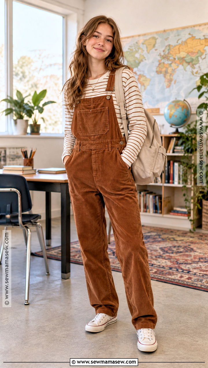 Long Sleeve Tee And Corduroy Overalls Back To School Outfit - 15 modest back to school outfits for teens