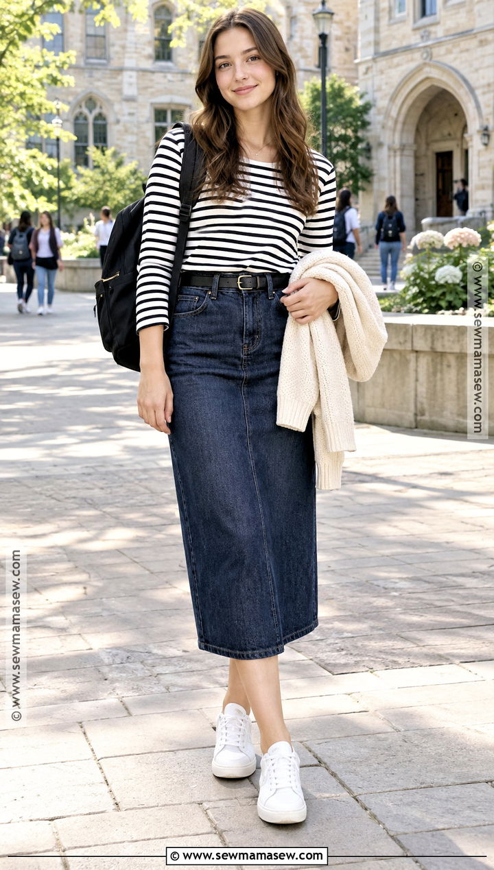 Long Sleeve Tee And Denim Midi Skirt Back To School Outfit - 20 Back To School Essentials Clothes