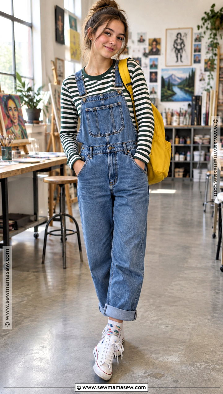 Long Sleeve Tee And Denim Overalls High School Outfit - 15 Highschool Back To School Outfits