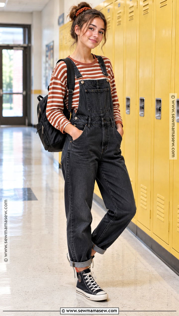 Long Sleeve Tee And Overalls Fall School Outfit - 20 cute fall school outfits