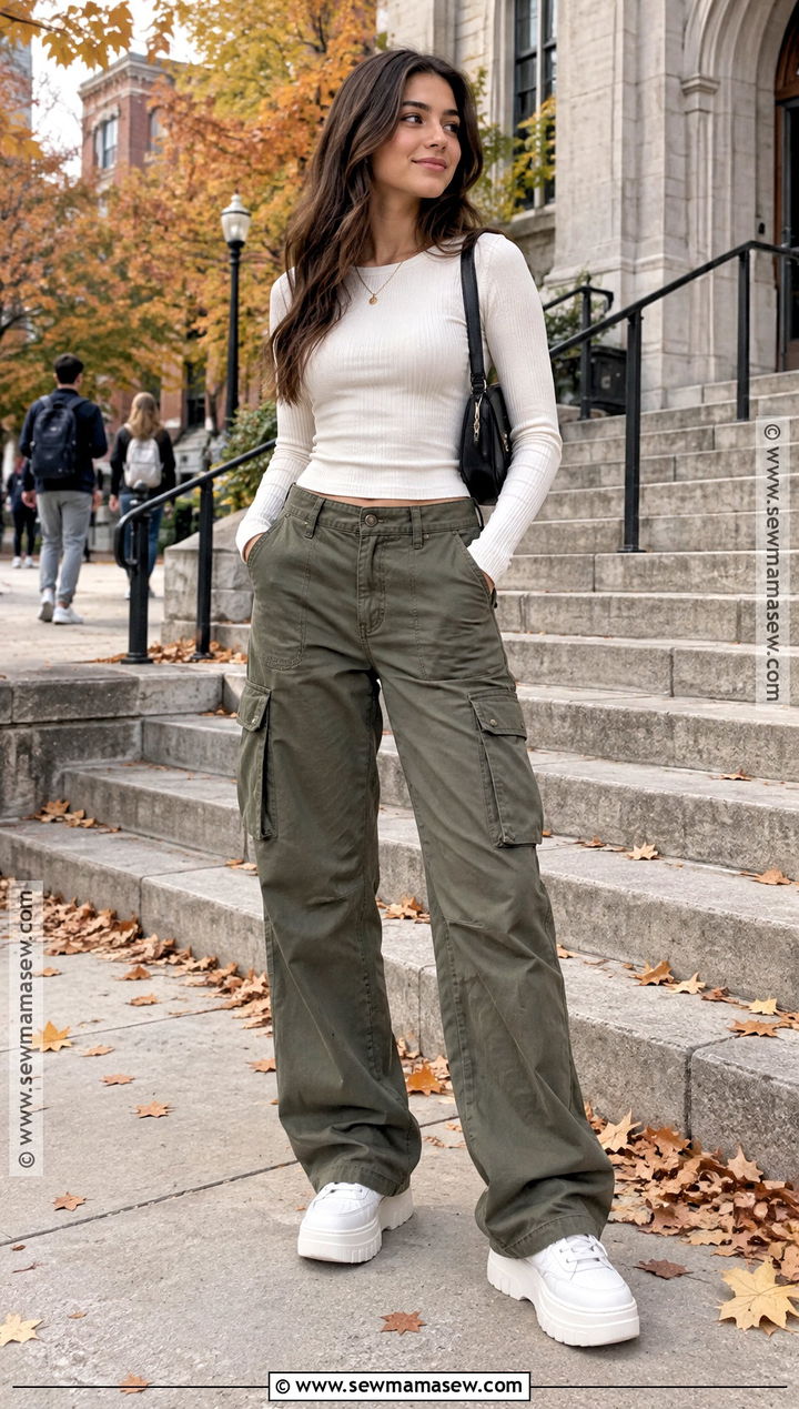 Long Sleeve Tee and Cargo Pants Fall School Outfit - 15 cute outfits for fall school