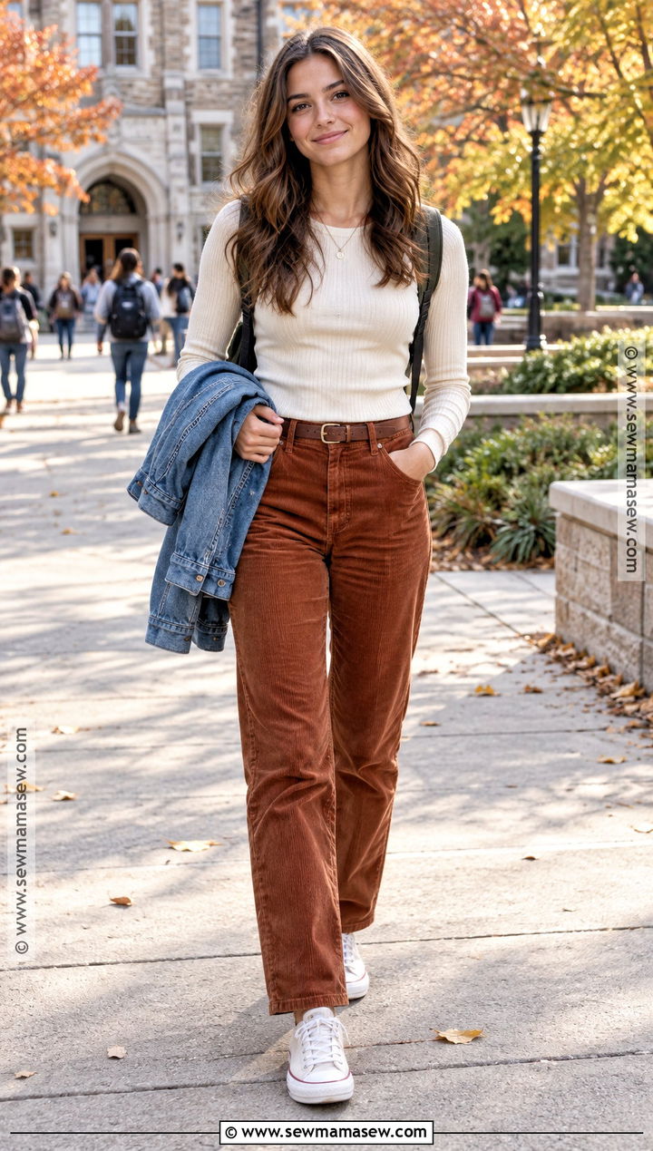 Long Sleeve Top And Corduroy Pants Fall School Outfit - 15 simple fall school outfits