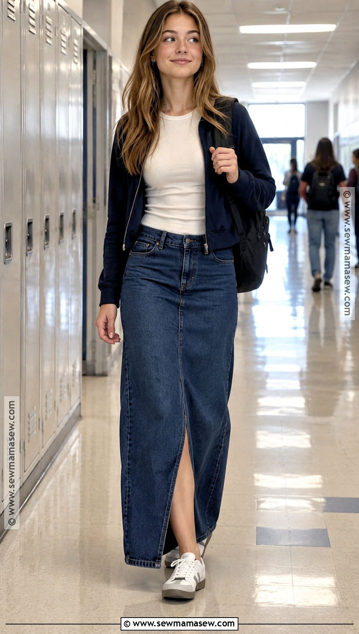 Long Sleeve Top And Denim Maxi Skirt School Outfit - 15 Back To School Clothes High School