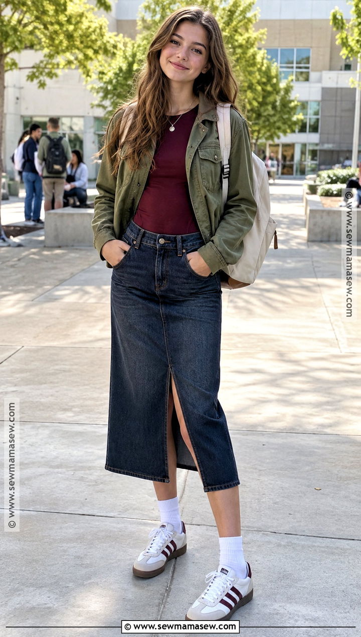 Long Sleeve Top And Denim Midi Skirt School Outfit - 20 cute school outfits fall
