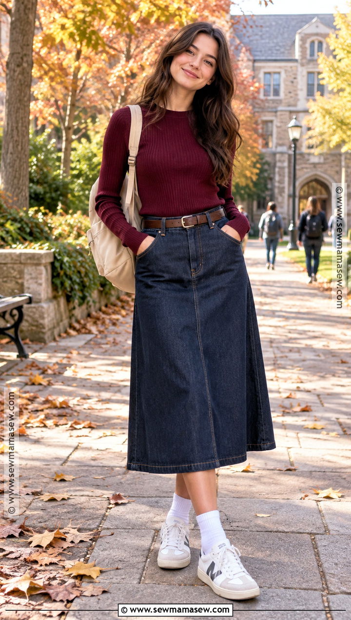 Long Sleeve Top And Denim Skirt Outfit - 15 Back To School Wardrobe Essentials