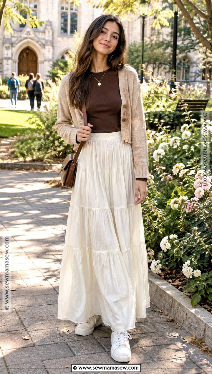 Long Sleeve Top And Maxi Skirt For College - 15 college class outfits fall