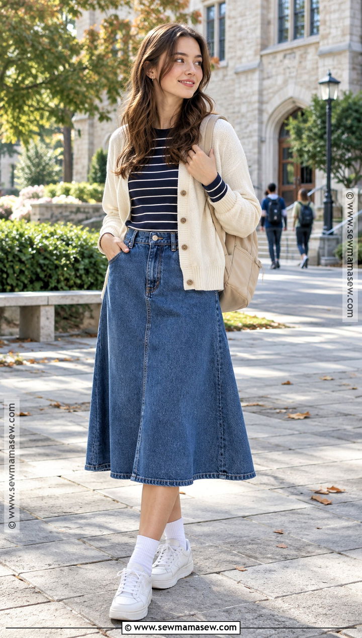 Long Sleeve Top and Denim Skirt School Outfit - 15 back to school simple outfits