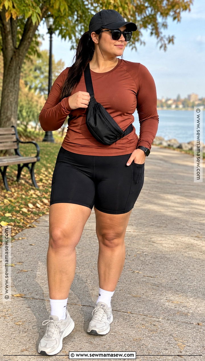 Long Sleeve Workout Top And Bike Shorts - 15 Fall Outdoor Workout Outfit Ideas