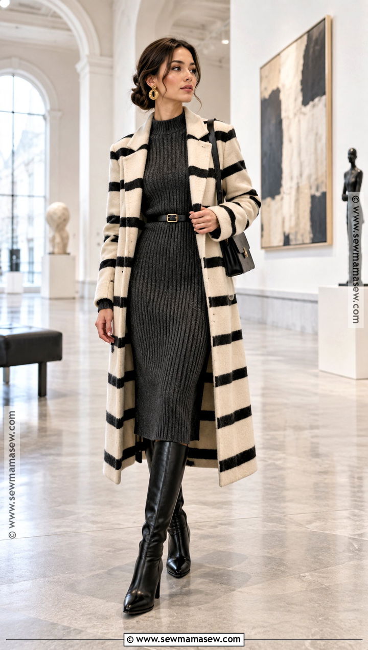 Long Striped Coat With A Knit Dress - 15 autumn striped coat ideas